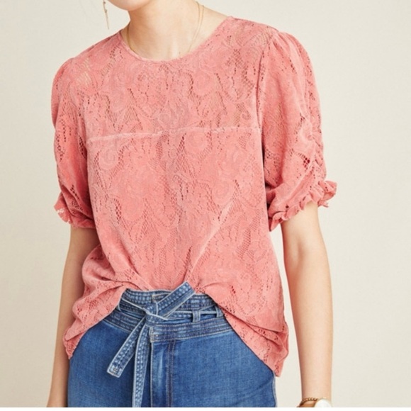 Anthropologie Pink Ruched Blouse with Mandarin Collar - Picture 2 of 12